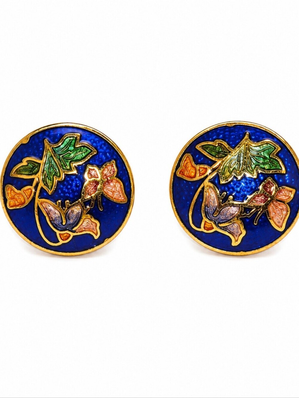 Blue Floral Enamel Cloisonne Round Post Earrings
